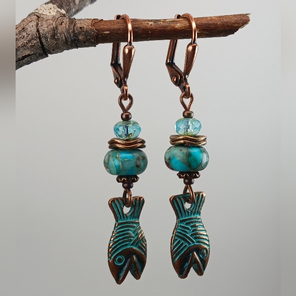 HAND CRAFTED Boho Turquoise Copper Fish Dangle Earrings - Picture 5 of 7